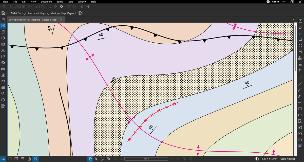 Geologic map drawn in Bluebeam Revu with the Geologic Structure & Mapping Bluebeam tool set: folded map units with contacts, anticline and syncline axes, a thrust fault, a normal fault, a dike, an outcrop pattern, a lake and marsh, and strike and dip symbols