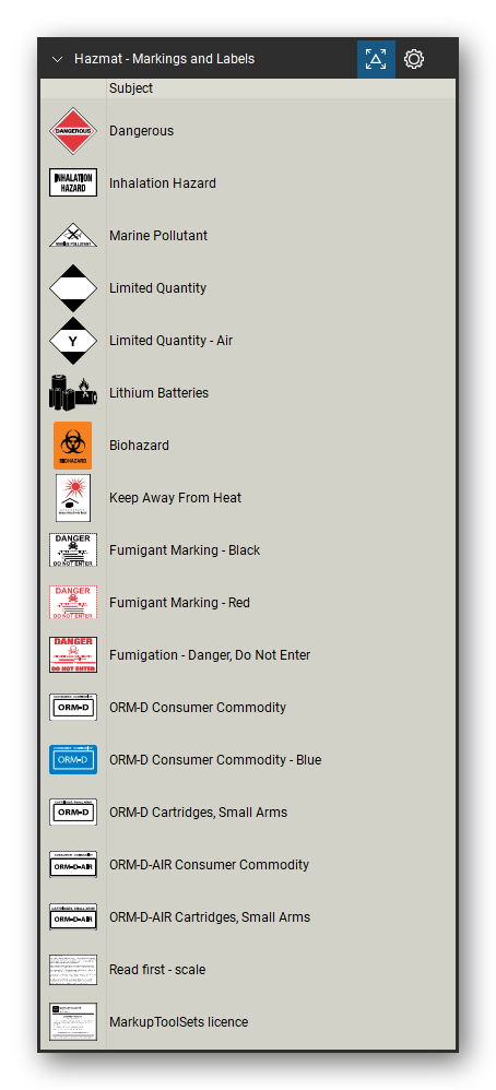 Hazmat Symbols tool set for Bluebeam Revu, Markings and Labels set - 16 hazmat markings and labels: the Dangerous placard, inhalation hazard, marine pollutant, limited quantity and limited quantity air, lithium batteries, biohazard, keep away from heat, fumigant markings in black and red, fumigation danger do not enter, and the ORM-D and ORM-D-AIR consumer commodity and cartridges, small arms markings. Tool Chest in Detail view, one row per symbol with its class and full name.