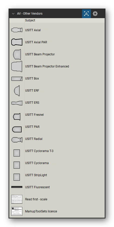 AV, Broadcast & Stage Lighting tool set for Bluebeam Revu, Other Vendors set - 14 tools: USITT Axial, USITT Axial PAR, USITT Beam Projector, USITT Beam Projector Enhanced, USITT Box, USITT ERF, USITT ERS, USITT Fresnel, USITT PAR, USITT Radial and 4 more. Tool Chest in Detail view, one row per tool with its name.