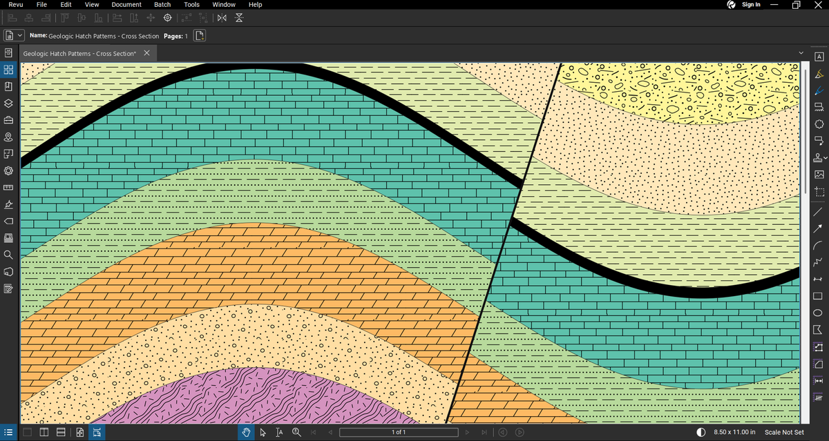 Geologic cross section drawn in Bluebeam Revu with the Geologic Hatch Patterns & Map Units Bluebeam tool set: folded and faulted beds of till, sandstone, clay shale, coal, limestone, interbedded shale and sandstone, dolostone, conglomerate and gneiss with a granite intrusion, each lithology pattern over a map-unit color