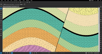 Geologic cross section drawn in Bluebeam Revu with the Geologic Hatch Patterns & Map Units Bluebeam tool set: folded and faulted beds of till, sandstone, clay shale, coal, limestone, interbedded shale and sandstone, dolostone, conglomerate and gneiss with a granite intrusion, each lithology pattern over a map-unit color