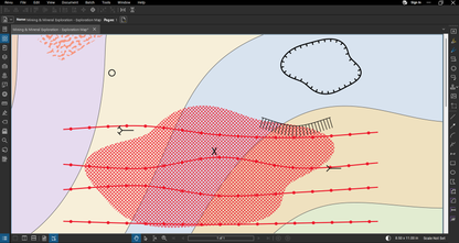 Mineral exploration map drawn in Bluebeam Revu with the Mining & Mineral Exploration Bluebeam tool set: veins through a zone of mineralized rock, an area of high mineral resource potential, an open pit, a mine dump bench, a strip mine, adits, prospects and drill holes