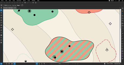 Oil and gas field map drawn in Bluebeam Revu with the Oil & Gas Bluebeam tool set: oil, gas, and oil and gas fields with defined and not yet defined extents, oil and gas wells, shows, seeps and dry holes