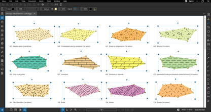 12 lithology hatch patterns of the Geologic Hatch Patterns & Map Units Bluebeam tool set over map-unit colors, drawn as freeform polygons in Bluebeam Revu: sandstone, crossbedded sandstone, conglomerate, breccia, clay shale, limestone, dolostone, interbedded shale and limestone, till, schist, gneiss and granite