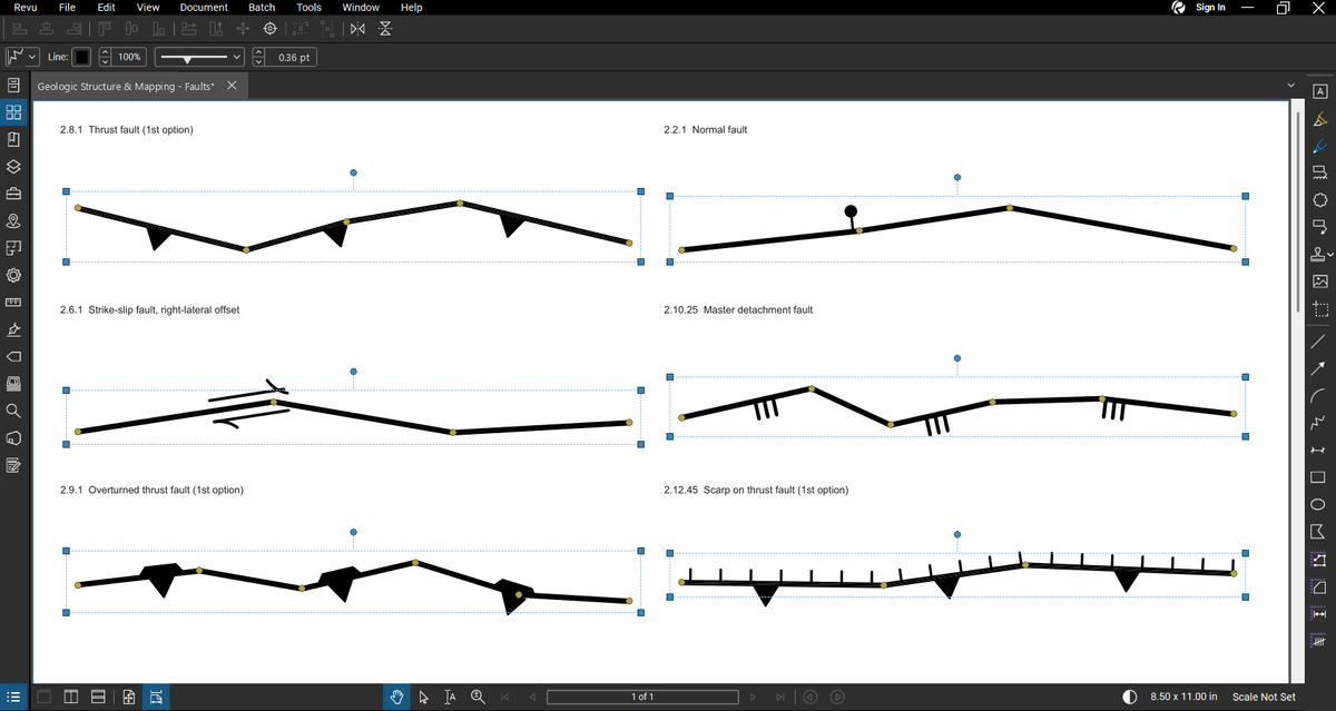 Six fault line styles of the Geologic Structure & Mapping Bluebeam tool set drawn as freeform polylines in Bluebeam Revu: thrust fault, normal fault, right-lateral strike-slip fault, master detachment fault, overturned thrust fault and scarp on thrust fault