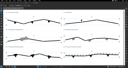 Six fault line styles of the Geologic Structure & Mapping Bluebeam tool set drawn as freeform polylines in Bluebeam Revu: thrust fault, normal fault, right-lateral strike-slip fault, master detachment fault, overturned thrust fault and scarp on thrust fault