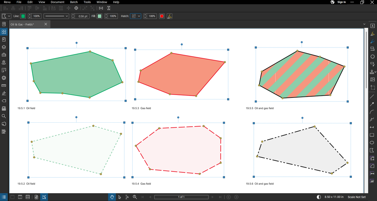 The six oil and gas field tools of the Oil & Gas Bluebeam tool set drawn as freeform polygons in Bluebeam Revu: oil field, gas field, and oil and gas field, each with extent defined and extent not yet defined