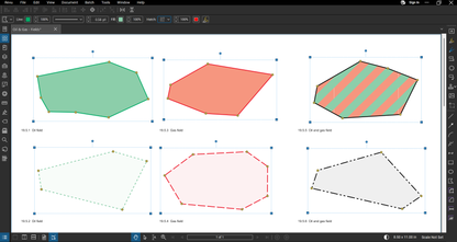 The six oil and gas field tools of the Oil & Gas Bluebeam tool set drawn as freeform polygons in Bluebeam Revu: oil field, gas field, and oil and gas field, each with extent defined and extent not yet defined