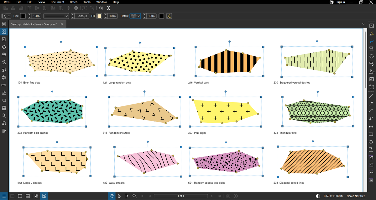 12 overprint hatch patterns of the Geologic Hatch Patterns & Map Units Bluebeam tool set over map-unit colors, drawn as freeform polygons in Bluebeam Revu: dots, random dots, vertical bars, staggered dashes, random dashes, chevrons, plus signs, triangular grid, L shapes, wavy streaks, specks and blebs, and diagonal dotted lines