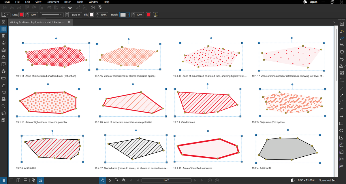 Hatch patterns and area tools of the Mining & Mineral Exploration Bluebeam tool set drawn as freeform polygons in Bluebeam Revu: zones of mineralized or altered rock, areas of high and moderate mineral resource potential, graded area, strip mine, landfill, stoped area, area of identified resources and artificial fill