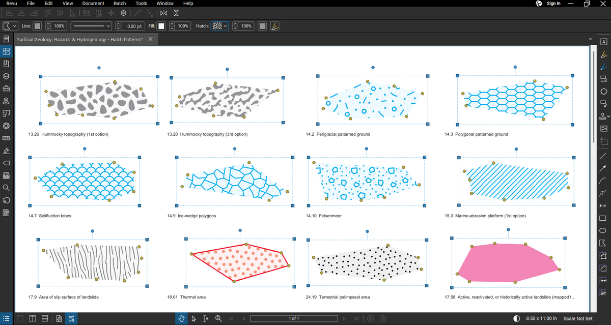 Twelve hatch patterns of the Surficial Geology, Hazards & Hydrogeology Bluebeam tool set drawn as freeform polygons in Bluebeam Revu: hummocky topography, patterned ground, polygonal ground, solifluction lobes, ice-wedge polygons, felsenmeer, marine-abrasion platform, landslide slip surface, thermal area, palimpsest area and an active landslide