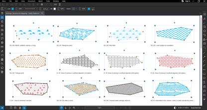 All 12 hatch patterns of the Geologic Structure & Mapping Bluebeam tool set drawn as freeform polygons in Bluebeam Revu: marsh, mangrove, rice field, land subject to inundation, tailings pond, outcrop in surficial deposits (three options), clinkered coal bed, dry lake, covered water storage reservoir and intermittent stream