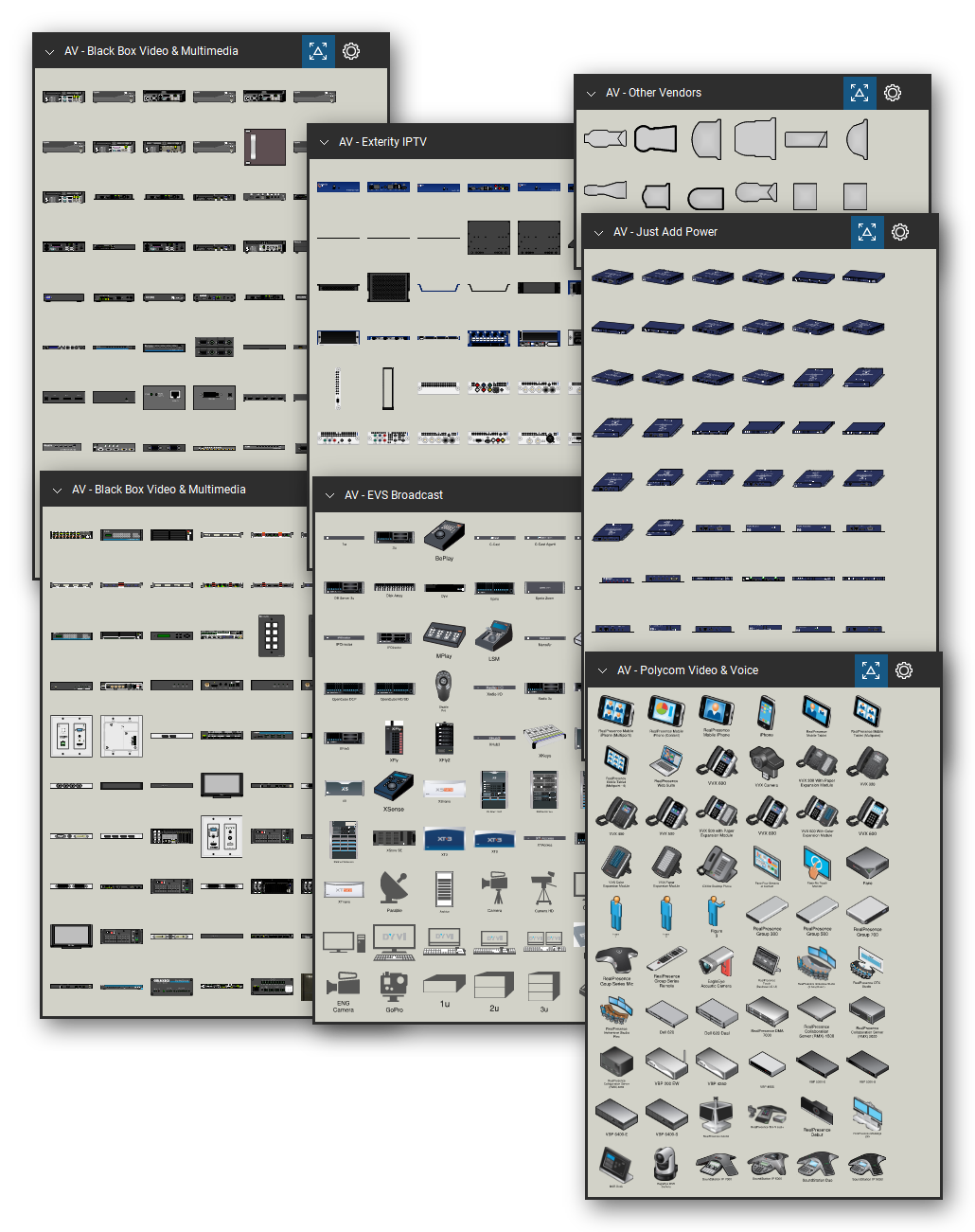 AV, broadcast and IPTV equipment and USITT lighting symbols library for Bluebeam Revu: 404 tools in 6 tool sets - HDMI extenders and splitters, broadcast servers and cameras, IPTV encoders and receivers, video conferencing systems and phones, and USITT stage lighting instruments. Collage of Tool Chest cards in Symbol view.