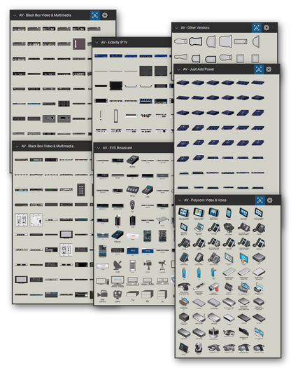 AV, broadcast and IPTV equipment and USITT lighting symbols library for Bluebeam Revu: 404 tools in 6 tool sets - HDMI extenders and splitters, broadcast servers and cameras, IPTV encoders and receivers, video conferencing systems and phones, and USITT stage lighting instruments. Collage of Tool Chest cards in Symbol view.