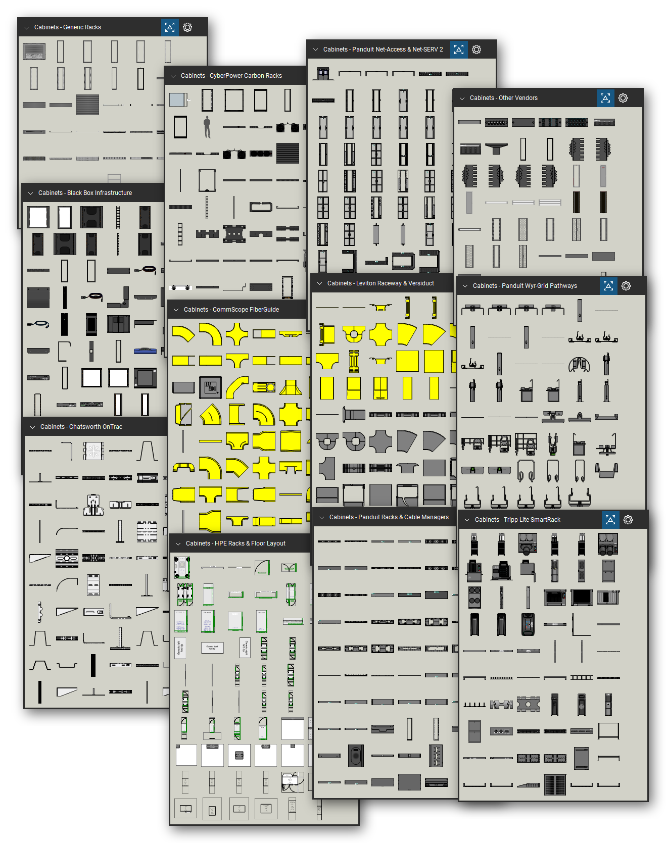 Racks, cabinets, and cable pathways library for Bluebeam Revu: 5,097 tools in 42 tool sets - open racks, server and network cabinets, wall cabinets, aisle containment, cable managers, fiber raceway, wire basket, and cable runway. Collage of Tool Chest cards in Symbol view.