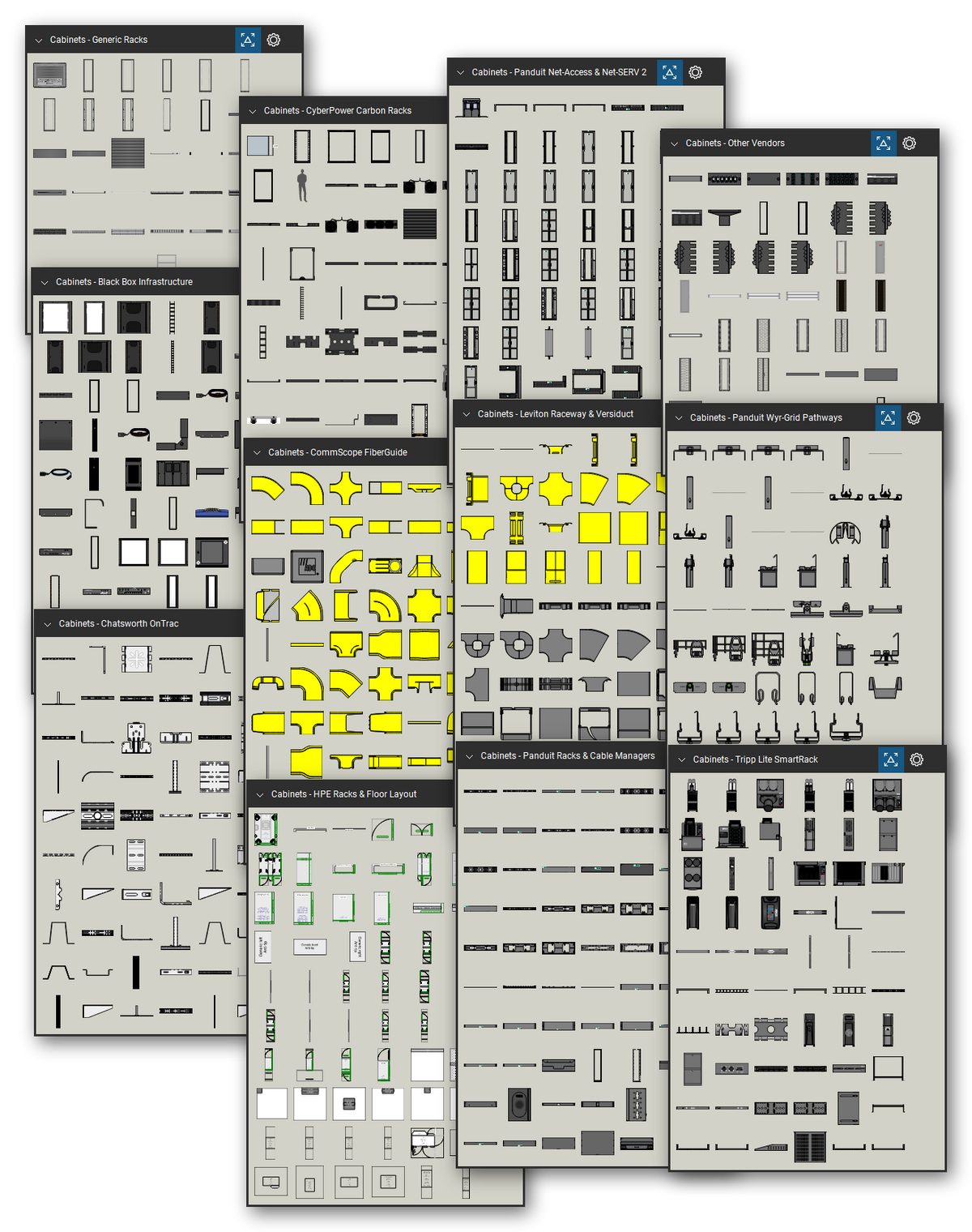 Racks, cabinets, and cable pathways library for Bluebeam Revu: 5,097 tools in 42 tool sets - open racks, server and network cabinets, wall cabinets, aisle containment, cable managers, fiber raceway, wire basket, and cable runway. Collage of Tool Chest cards in Symbol view.