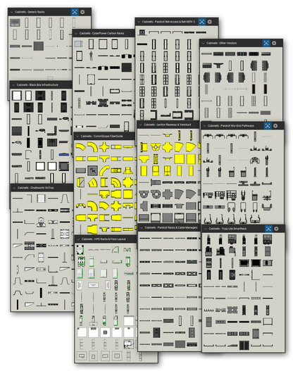 Racks, cabinets, and cable pathways library for Bluebeam Revu: 5,097 tools in 42 tool sets - open racks, server and network cabinets, wall cabinets, aisle containment, cable managers, fiber raceway, wire basket, and cable runway. Collage of Tool Chest cards in Symbol view.