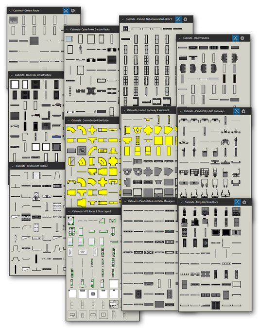 Racks, cabinets, and cable pathways library for Bluebeam Revu: 5,097 tools in 42 tool sets - open racks, server and network cabinets, wall cabinets, aisle containment, cable managers, fiber raceway, wire basket, and cable runway. Collage of Tool Chest cards in Symbol view.