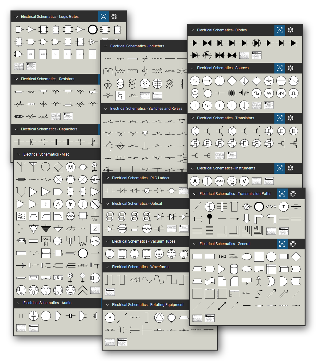 Electrical schematic symbol library for Bluebeam Revu: 436 tools in 18 tool sets - logic gates, resistors, capacitors, inductors and transformers, switches and relays, diodes, sources, transistors, instruments, PLC ladder, optical and audio devices, rotating equipment and transmission paths - drawn at 1/4" = 1'-0" in black and redline.