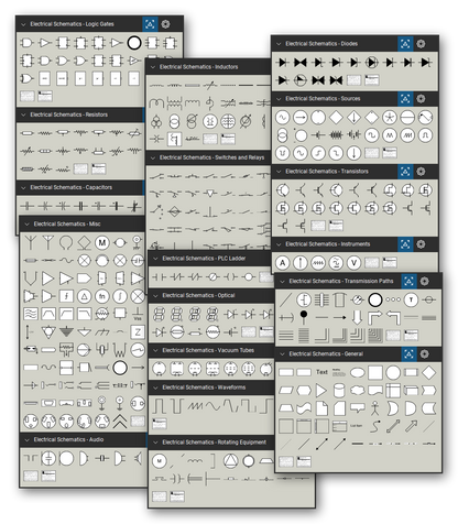 Electrical schematic symbol library for Bluebeam Revu: 436 tools in 18 tool sets - logic gates, resistors, capacitors, inductors and transformers, switches and relays, diodes, sources, transistors, instruments, PLC ladder, optical and audio devices, rotating equipment and transmission paths - drawn at 1/4" = 1'-0" in black and redline.