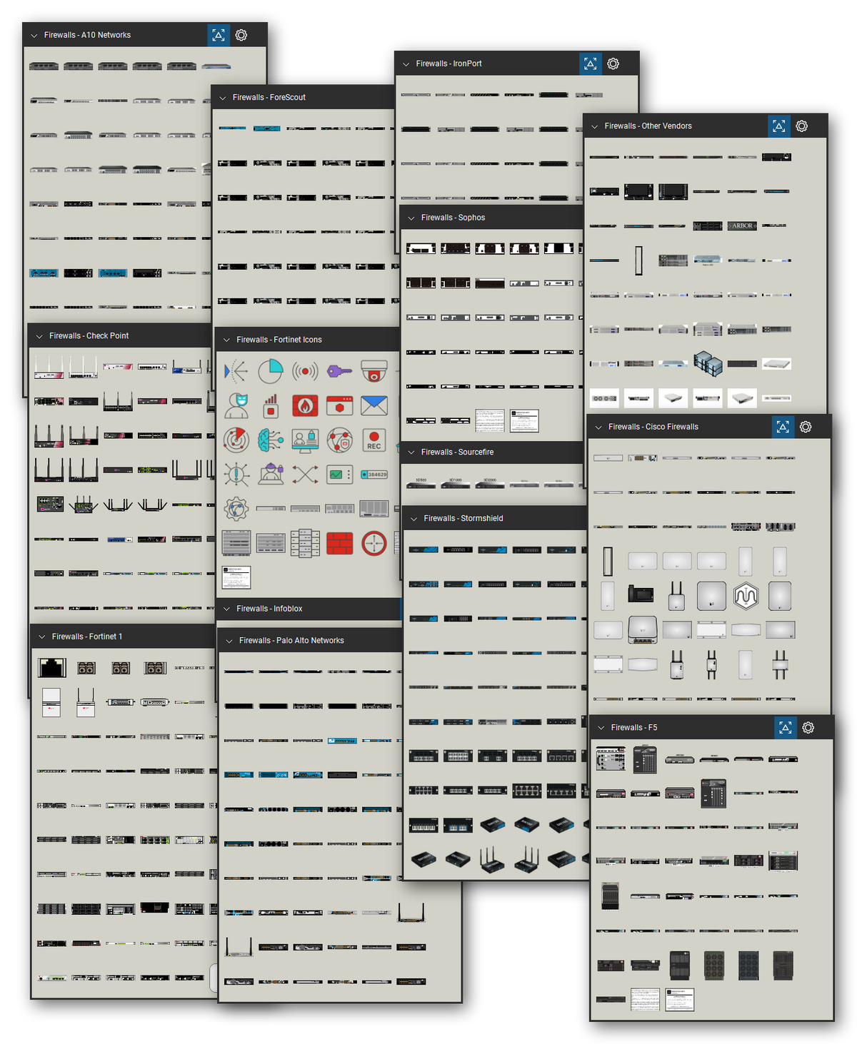 Network security equipment library for Bluebeam Revu: 2,251 tools in 21 tool sets - firewalls and UTM appliances, load balancers, proxy appliances, and DNS and DHCP appliances. Collage of Tool Chest cards in Symbol view.