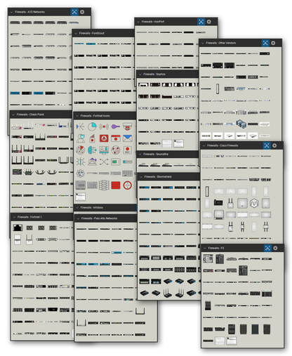 Network security equipment library for Bluebeam Revu: 2,251 tools in 21 tool sets - firewalls and UTM appliances, load balancers, proxy appliances, and DNS and DHCP appliances. Collage of Tool Chest cards in Symbol view.