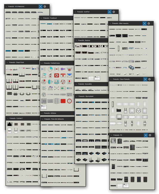 Network security equipment library for Bluebeam Revu: 2,251 tools in 21 tool sets - firewalls and UTM appliances, load balancers, proxy appliances, and DNS and DHCP appliances. Collage of Tool Chest cards in Symbol view.
