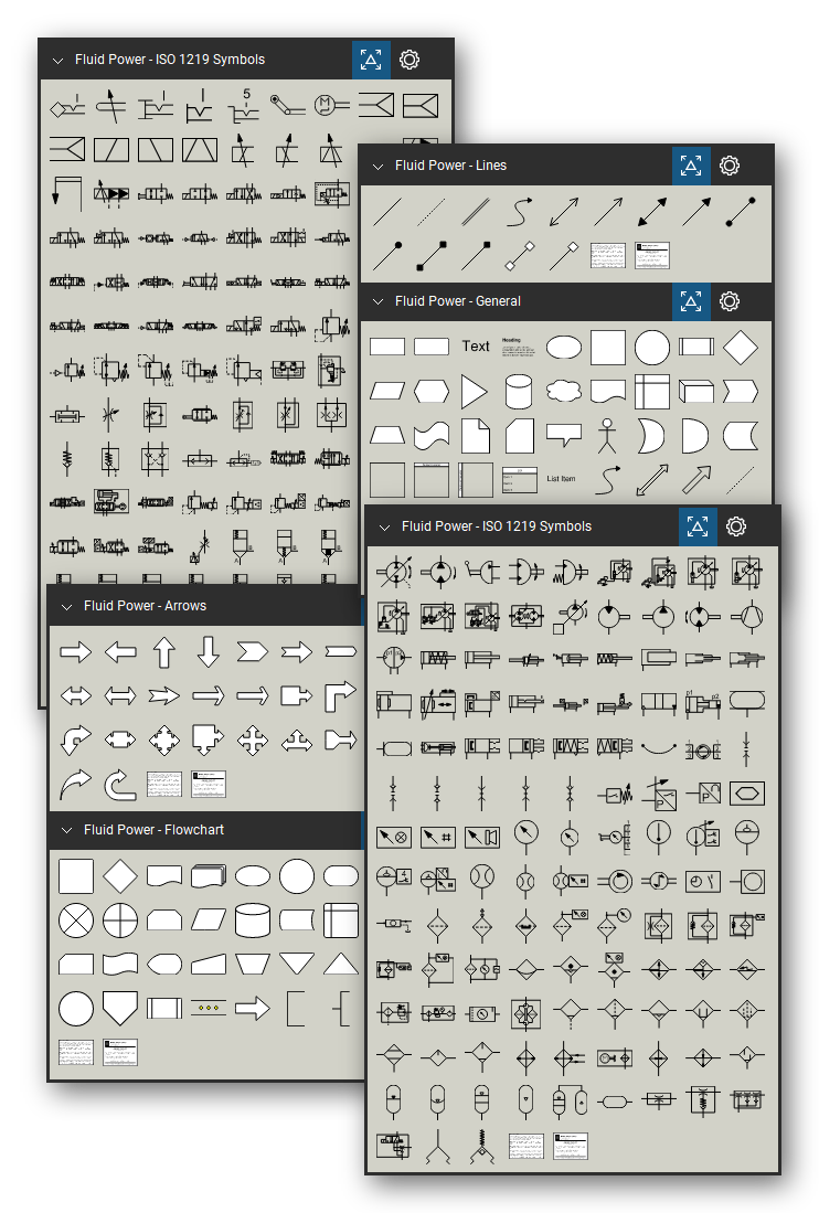 Fluid power symbol library for Bluebeam Revu: 370 tools in 5 tool sets - 246 hydraulic and pneumatic symbols numbered after ISO 1219-1, circuit lines, flowchart symbols, diagram shapes and arrows - drawn at 1/4" = 1'-0" in black and redline.