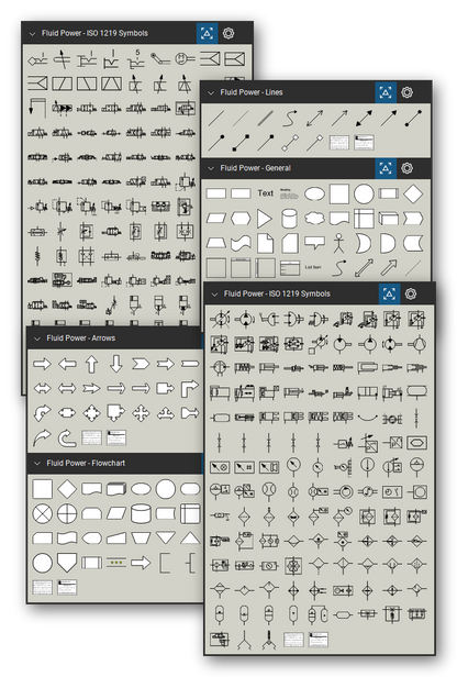 Fluid power symbol library for Bluebeam Revu: 370 tools in 5 tool sets - 246 hydraulic and pneumatic symbols numbered after ISO 1219-1, circuit lines, flowchart symbols, diagram shapes and arrows - drawn at 1/4" = 1'-0" in black and redline.