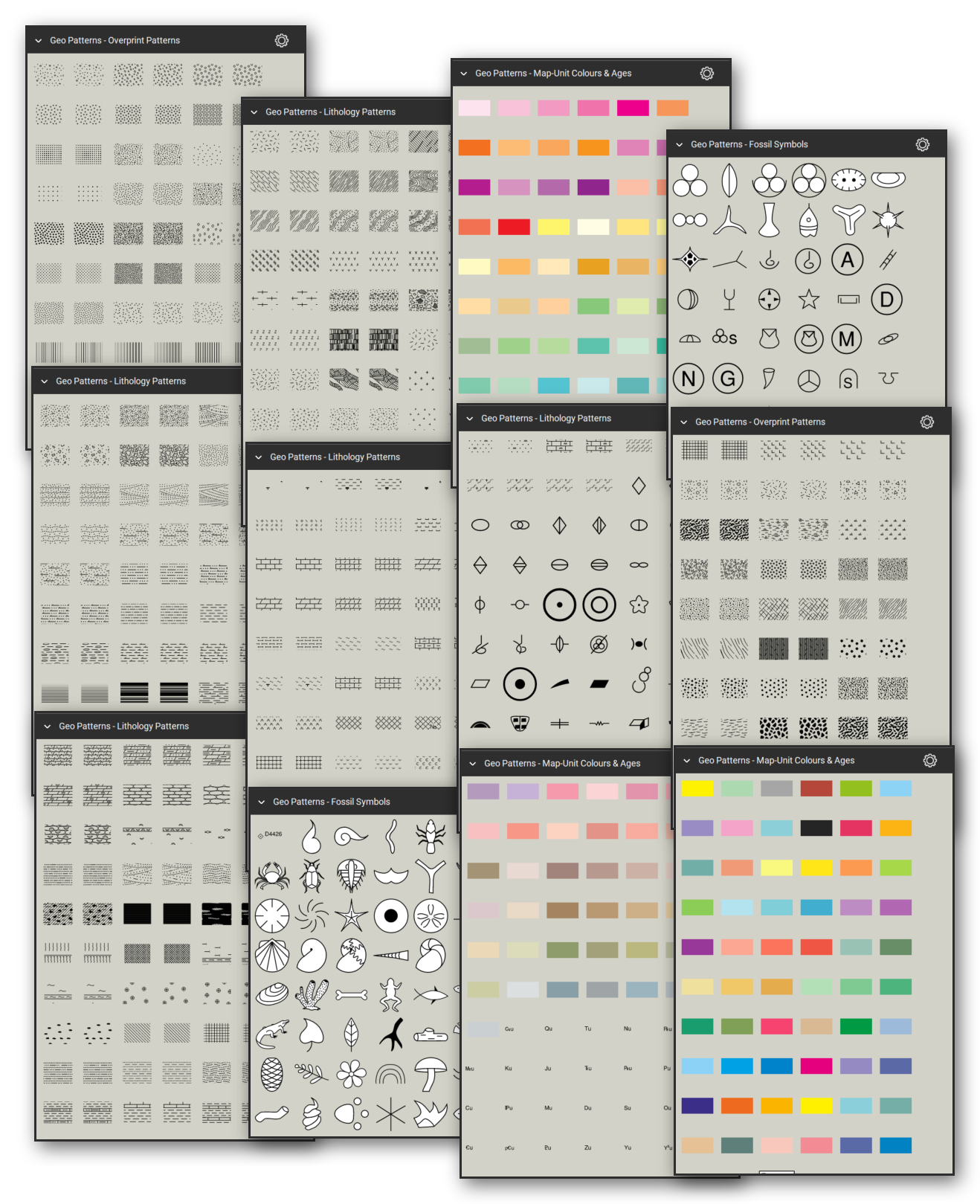 Geologic hatch patterns and map-unit symbols for Bluebeam Revu: 617 tools in 4 tool sets following the FGDC Digital Cartographic Standard for Geologic Map Symbolization (FGDC-STD-013-2006) - overprint patterns, sedimentary, metamorphic and igneous lithology patterns, map-unit colors with geologic age labels, and fossil symbols. Collage of Tool Chest cards in Symbol view.