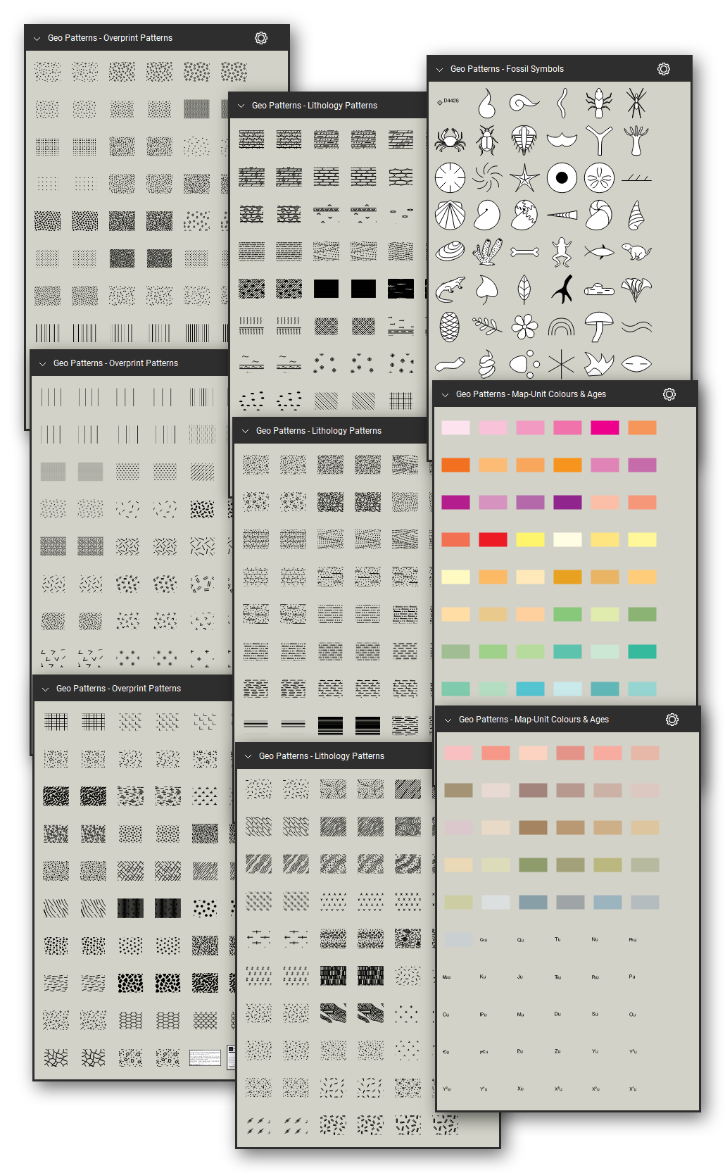 Geologic hatch patterns and map-unit symbols for Bluebeam Revu: 617 tools in 4 tool sets following the FGDC Digital Cartographic Standard for Geologic Map Symbolization (FGDC-STD-013-2006) - overprint patterns, sedimentary, metamorphic and igneous lithology patterns, map-unit colors with geologic age labels, and fossil symbols. Collage of Tool Chest cards in Symbol view.