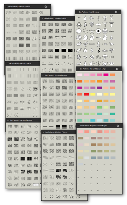 Geologic hatch patterns and map-unit symbols for Bluebeam Revu: 617 tools in 4 tool sets following the FGDC Digital Cartographic Standard for Geologic Map Symbolization (FGDC-STD-013-2006) - overprint patterns, sedimentary, metamorphic and igneous lithology patterns, map-unit colors with geologic age labels, and fossil symbols. Collage of Tool Chest cards in Symbol view.
