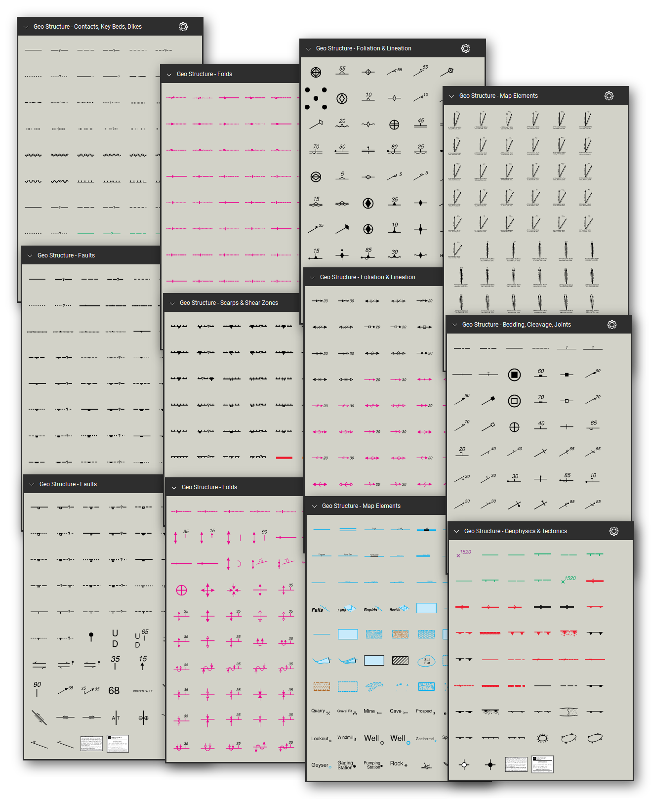 Geologic structure and map symbols for Bluebeam Revu: 1,480 tools in 8 tool sets following the FGDC Digital Cartographic Standard for Geologic Map Symbolization (FGDC-STD-013-2006) - contacts, key beds and dikes, faults, scarps and shear zones, folds, bedding, cleavage and joints, foliation and lineation, geophysical and structure contours, plate-tectonic boundaries and map elements. Collage of Tool Chest cards in Symbol view.
