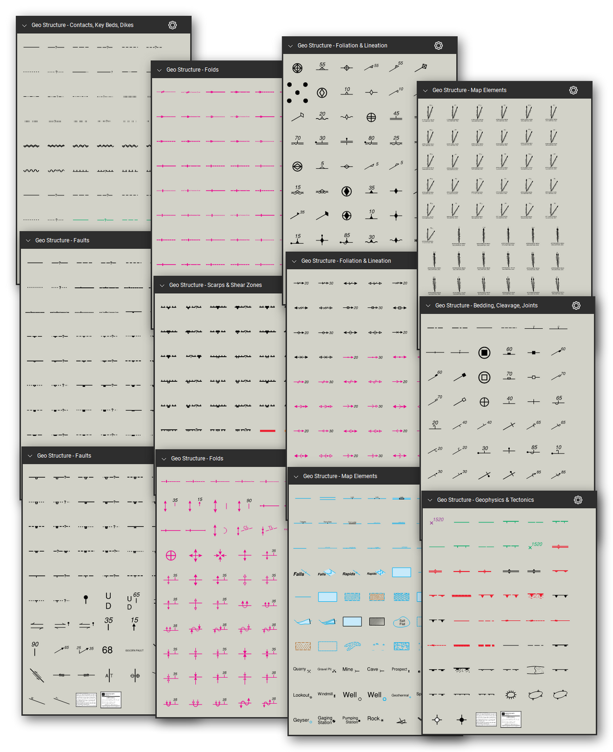 Geologic structure and map symbols for Bluebeam Revu: 1,480 tools in 8 tool sets following the FGDC Digital Cartographic Standard for Geologic Map Symbolization (FGDC-STD-013-2006) - contacts, key beds and dikes, faults, scarps and shear zones, folds, bedding, cleavage and joints, foliation and lineation, geophysical and structure contours, plate-tectonic boundaries and map elements. Collage of Tool Chest cards in Symbol view.