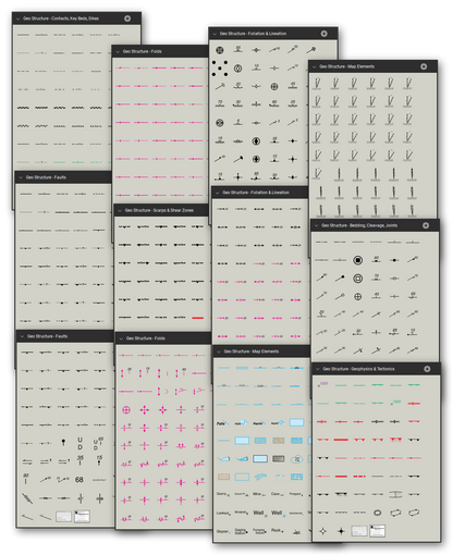 Geologic structure and map symbols for Bluebeam Revu: 1,480 tools in 8 tool sets following the FGDC Digital Cartographic Standard for Geologic Map Symbolization (FGDC-STD-013-2006) - contacts, key beds and dikes, faults, scarps and shear zones, folds, bedding, cleavage and joints, foliation and lineation, geophysical and structure contours, plate-tectonic boundaries and map elements. Collage of Tool Chest cards in Symbol view.