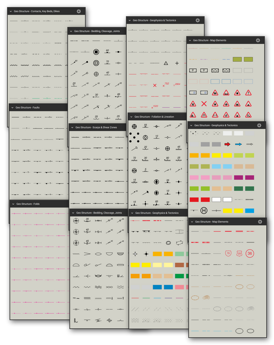 Geologic structure and map symbols for Bluebeam Revu: 1,480 tools in 8 tool sets following the FGDC Digital Cartographic Standard for Geologic Map Symbolization (FGDC-STD-013-2006) - contacts, key beds and dikes, faults, scarps and shear zones, folds, bedding, cleavage and joints, foliation and lineation, geophysical and structure contours, plate-tectonic boundaries and map elements. Collage of Tool Chest cards in Symbol view.