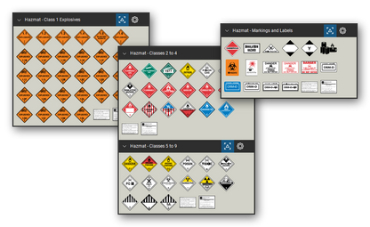 Hazmat symbol library for Bluebeam Revu: 77 tools in 4 tool sets - the U.S. DOT hazardous materials placards and labels of hazard classes 1 to 9 and common hazmat markings, in their colours, each named by class or division and wording.
