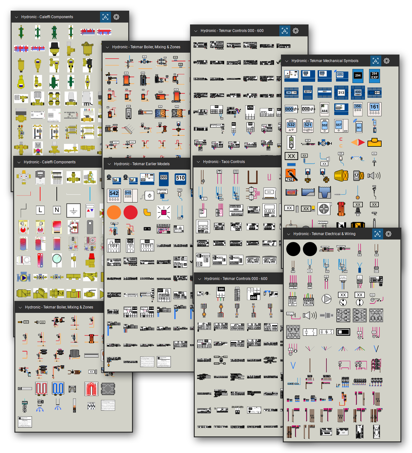 Hydronic heating symbols library for Bluebeam Revu: 556 tools in 7 tool sets - boilers, heat pumps, mixing and zone piping, separators, valves, manifolds, boiler, mixing and zone controls, thermostats, sensors, and wiring symbols. Collage of Tool Chest cards in Symbol view.