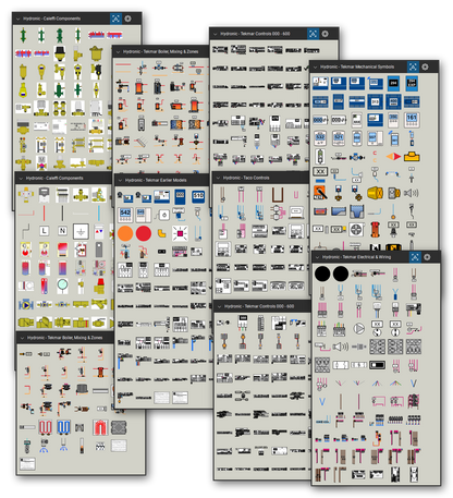 Hydronic heating symbols library for Bluebeam Revu: 556 tools in 7 tool sets - boilers, heat pumps, mixing and zone piping, separators, valves, manifolds, boiler, mixing and zone controls, thermostats, sensors, and wiring symbols. Collage of Tool Chest cards in Symbol view.