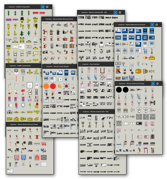 Hydronic heating symbols library for Bluebeam Revu: 556 tools in 7 tool sets - boilers, heat pumps, mixing and zone piping, separators, valves, manifolds, boiler, mixing and zone controls, thermostats, sensors, and wiring symbols. Collage of Tool Chest cards in Symbol view.