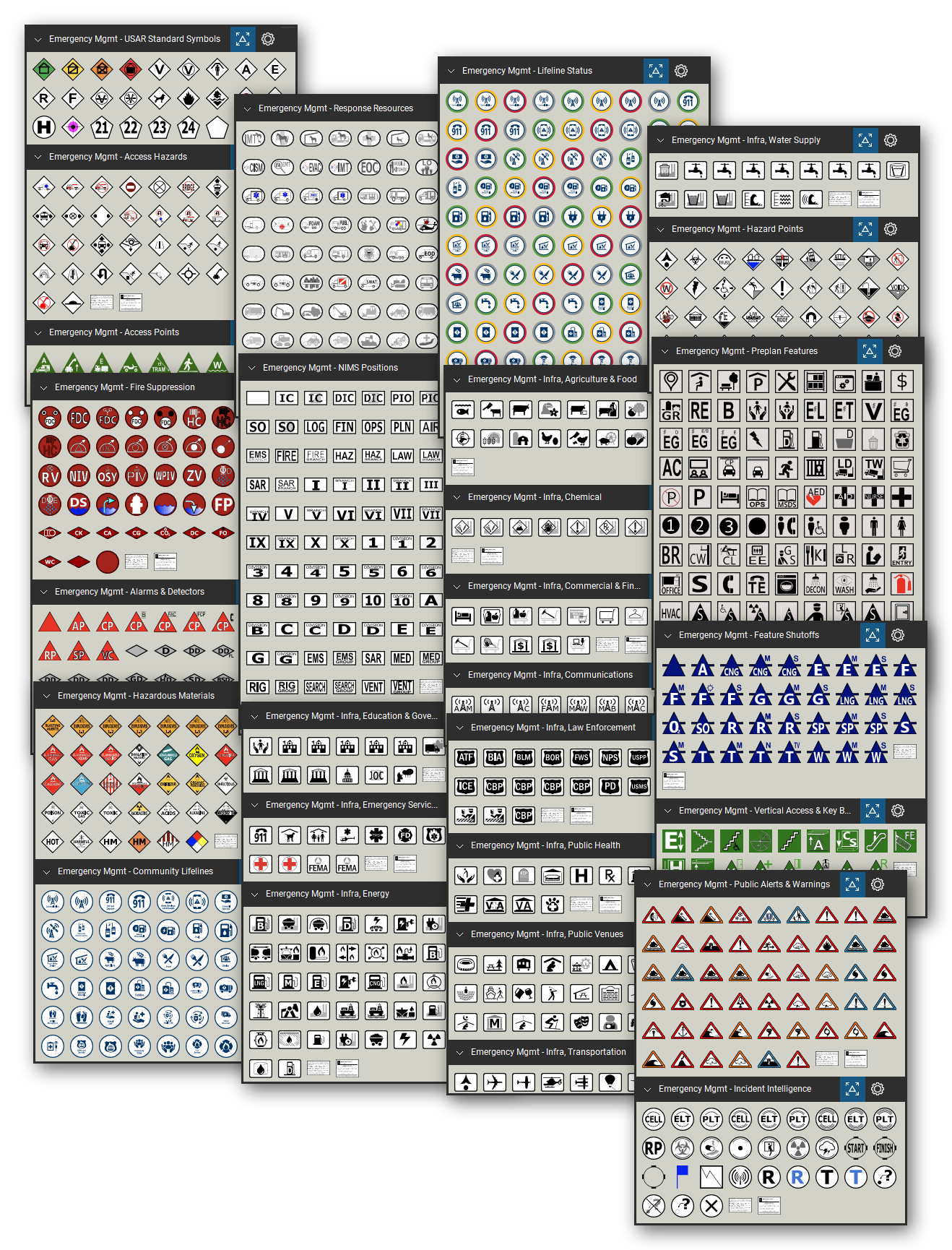 Public safety map symbols library for Bluebeam Revu: 1,210 tools in 31 tool sets - USAR marking, access hazards, building pre-plan features, fire suppression, alarms and detectors, shutoffs, typed response resources, NIMS positions, hazards, public alerts, hazardous materials placards, community lifelines with status, and critical infrastructure.