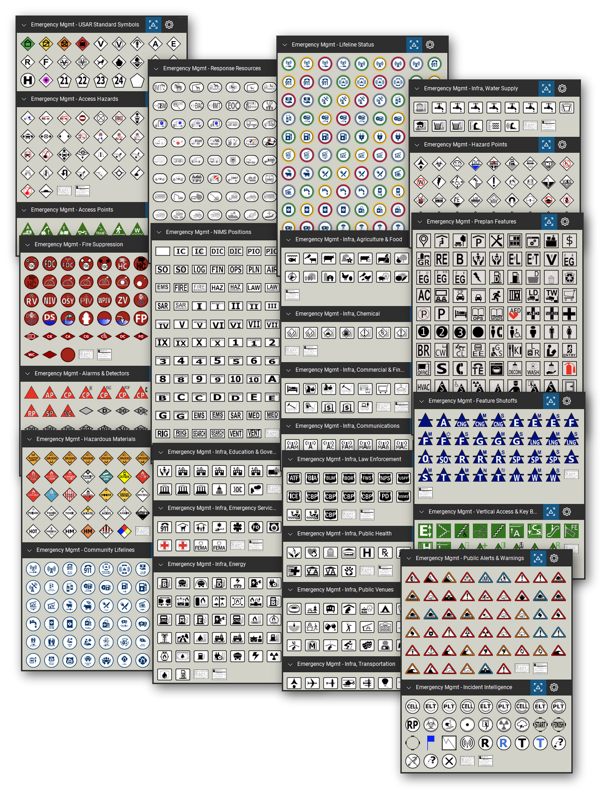 Public safety map symbols library for Bluebeam Revu: 1,210 tools in 31 tool sets - USAR marking, access hazards, building pre-plan features, fire suppression, alarms and detectors, shutoffs, typed response resources, NIMS positions, hazards, public alerts, hazardous materials placards, community lifelines with status, and critical infrastructure.