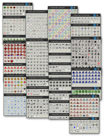 Public safety map symbols library for Bluebeam Revu: 1,210 tools in 31 tool sets - USAR marking, access hazards, building pre-plan features, fire suppression, alarms and detectors, shutoffs, typed response resources, NIMS positions, hazards, public alerts, hazardous materials placards, community lifelines with status, and critical infrastructure.