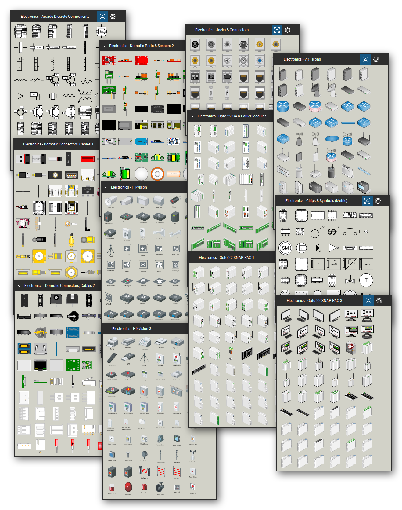 Automation hardware and electronic components library for Bluebeam Revu: 3,508 tools in 21 tool sets - I/O racks and modules, HMI operator interfaces, microcontroller boards, sensors, relays, connectors, and integrated circuits. Collage of Tool Chest cards in Symbol view.