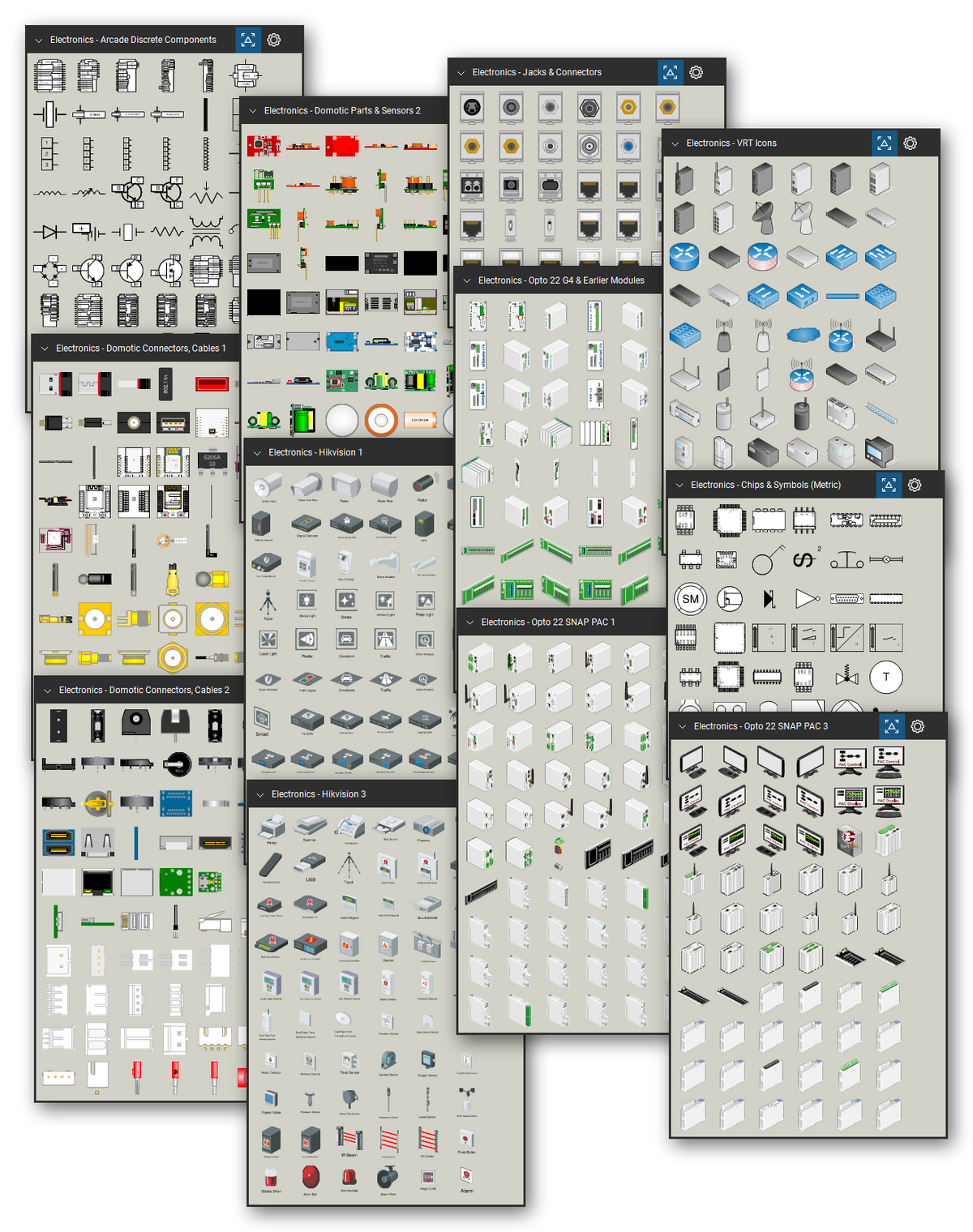 Automation hardware and electronic components library for Bluebeam Revu: 3,508 tools in 21 tool sets - I/O racks and modules, HMI operator interfaces, microcontroller boards, sensors, relays, connectors, and integrated circuits. Collage of Tool Chest cards in Symbol view.