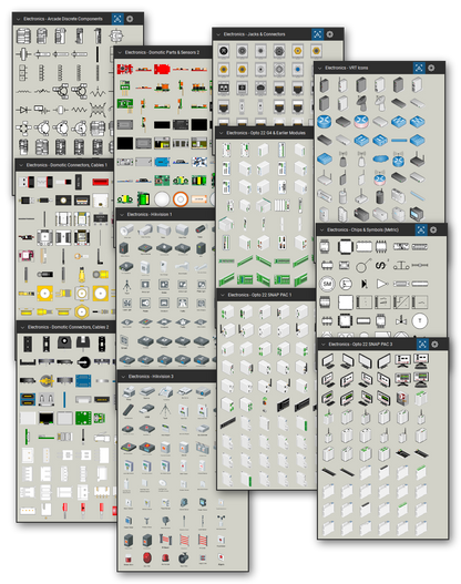 Automation hardware and electronic components library for Bluebeam Revu: 3,508 tools in 21 tool sets - I/O racks and modules, HMI operator interfaces, microcontroller boards, sensors, relays, connectors, and integrated circuits. Collage of Tool Chest cards in Symbol view.