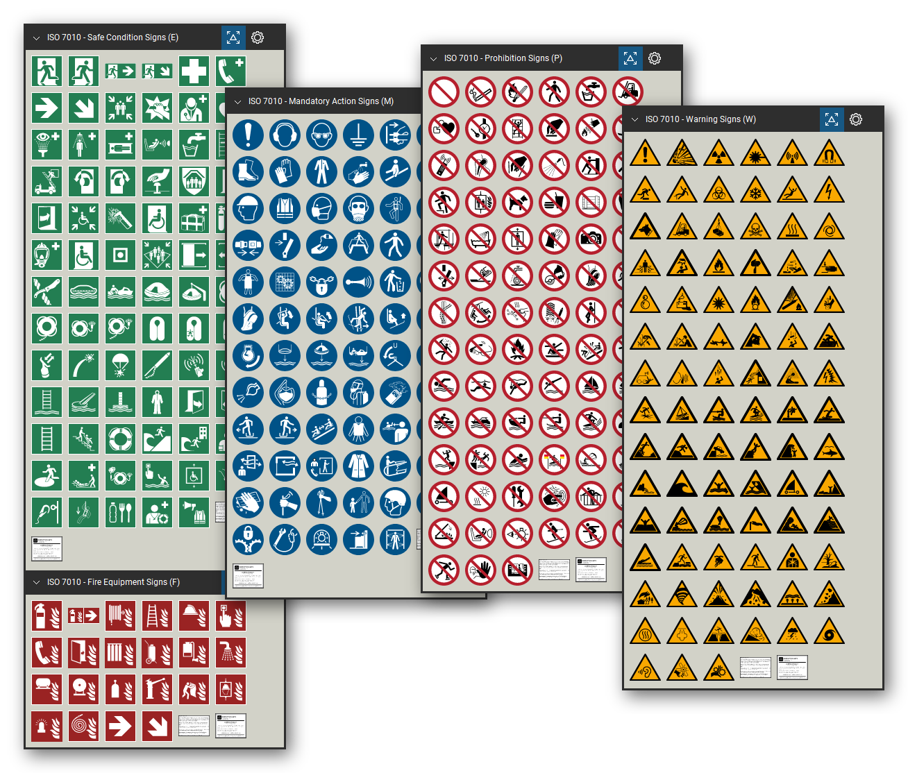 ISO 7010 safety sign library for Bluebeam Revu: 338 tools in 5 tool sets - safe condition, fire equipment, mandatory action, prohibition and warning signs in the safety colours, each named by its registration number and meaning.