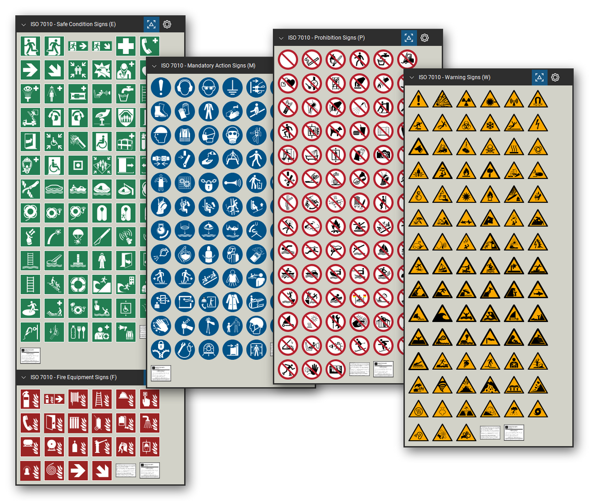 ISO 7010 safety sign library for Bluebeam Revu: 338 tools in 5 tool sets - safe condition, fire equipment, mandatory action, prohibition and warning signs in the safety colours, each named by its registration number and meaning.