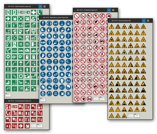 ISO 7010 safety sign library for Bluebeam Revu: 338 tools in 5 tool sets - safe condition, fire equipment, mandatory action, prohibition and warning signs in the safety colours, each named by its registration number and meaning.