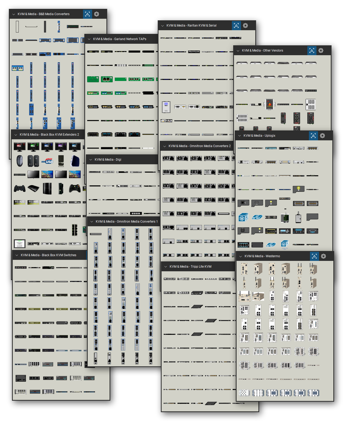 KVM, console server and media converter equipment library for Bluebeam Revu: 2,448 tools in 18 tool sets - KVM switches and extenders, console servers, media converters, and network TAPs. Collage of Tool Chest cards in Symbol view.